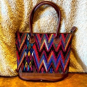 Exotic-multicolor Huipil bag w leather handles and base